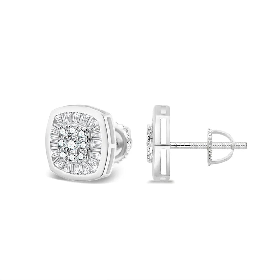 S.Silver Round Baguette Moissanite Square Shape Stud Earrings RP 1-1/4 Cttw SKU: 38491