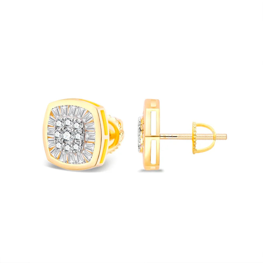 S.Silver Round Baguette Moissanite Square Shape Designer Stud Earrings GP 1-1/4 Cttw