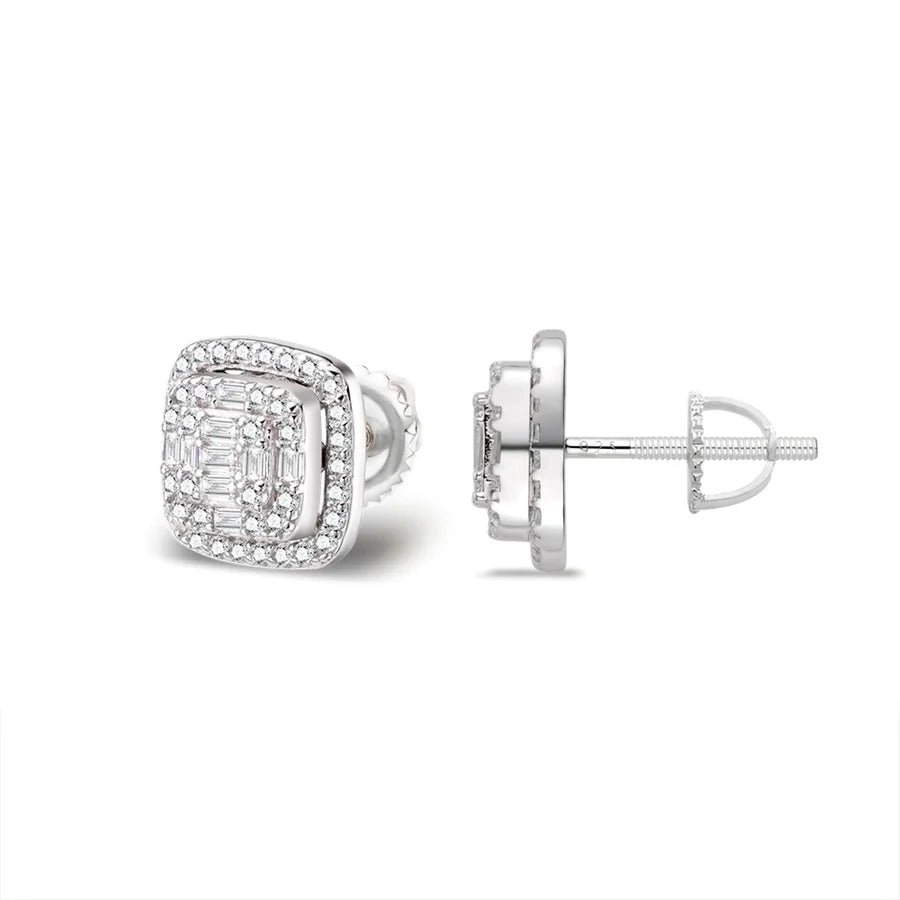 S.Silver Round Moissanite Square Shape Designer Stud Earrings RP 5/8 Cttw