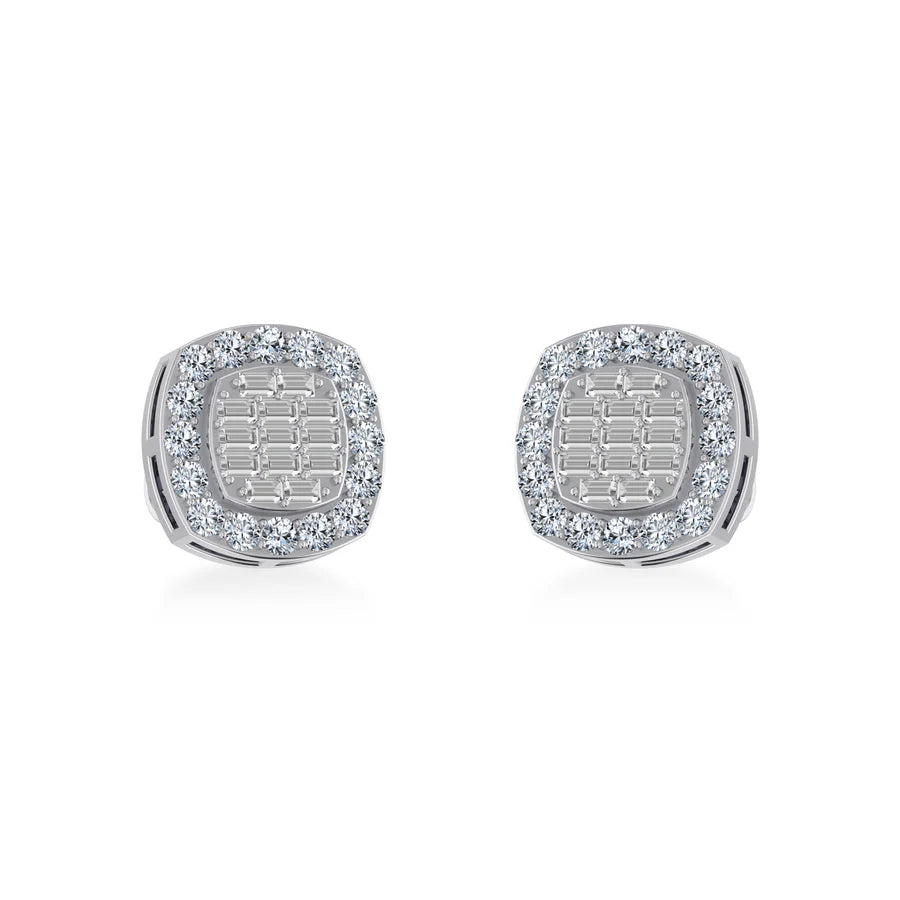 14K White Gold Round Baguette Diamond Stud Earring 5/8 Cttw