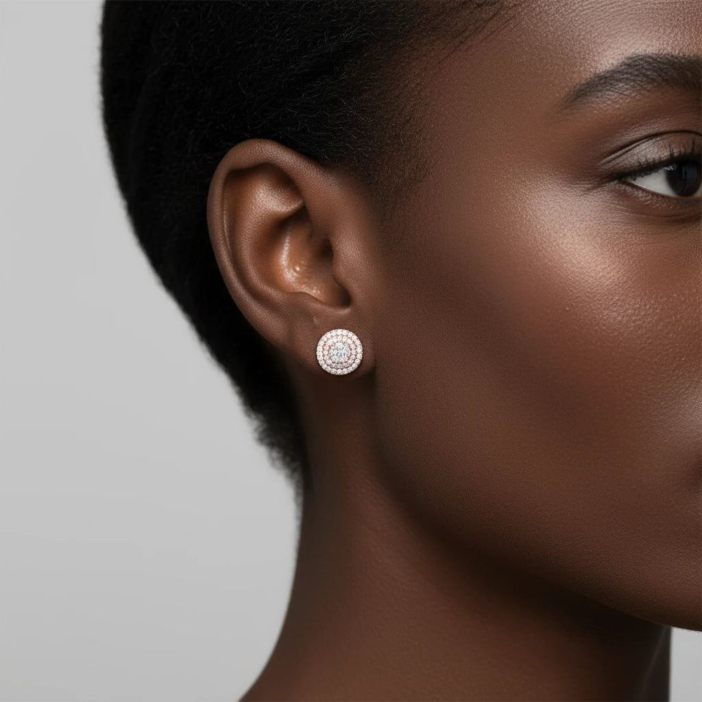 The Celestial Earrings | Round Diamond Halo Studs | Screw Backs