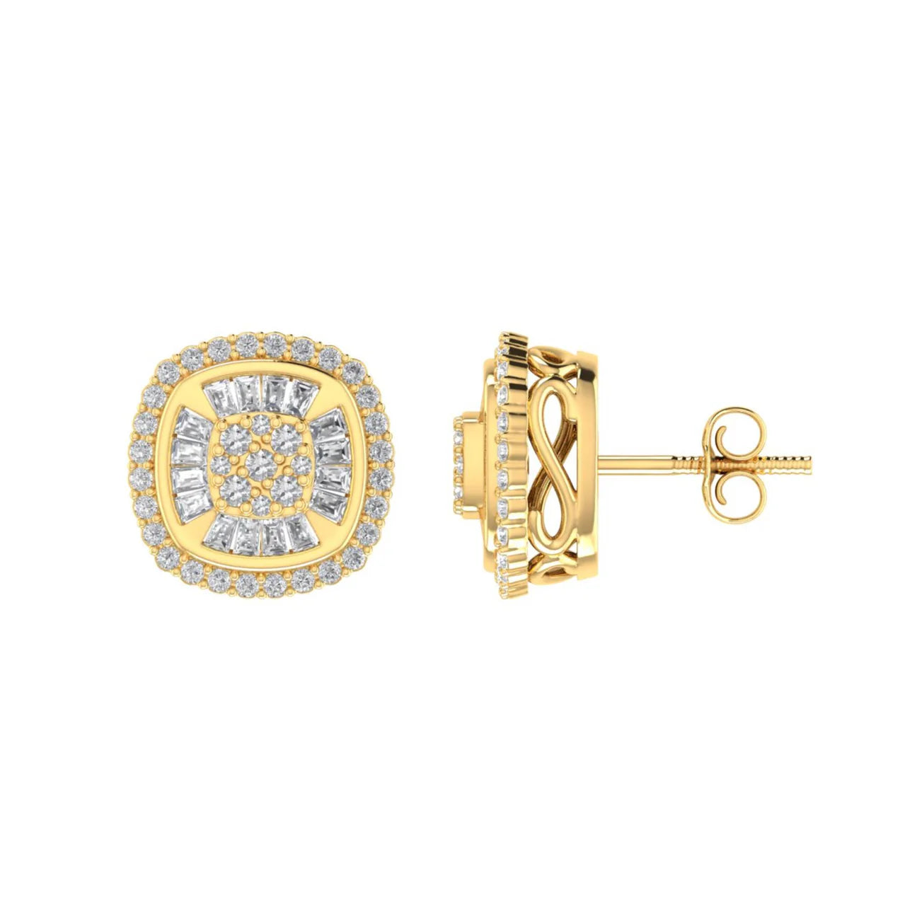Monarch Baguette Diamond Halo Stud Earrings |  Round & Baguette Diamonds | Italian Silver