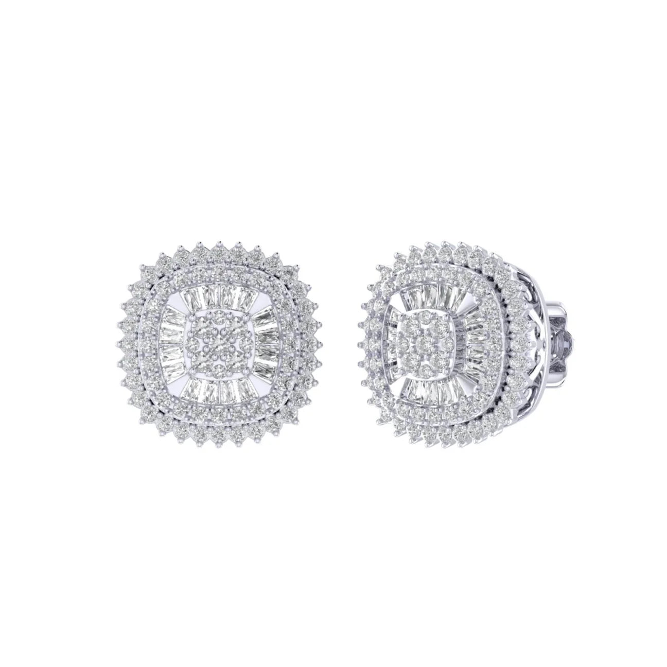The Radiant Halo Diamond Earrings | Round & Baguette Designer Studs in Italian Silver