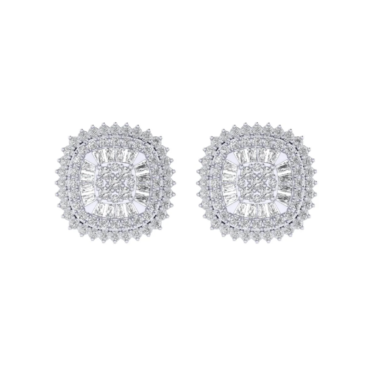 The Radiant Halo Diamond Earrings | Round & Baguette Designer Studs in Italian Silver