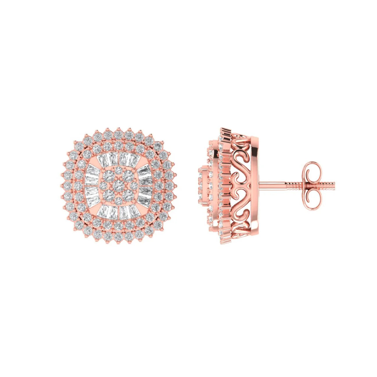 The Radiant Halo Diamond Earrings | Round & Baguette Designer Studs in Italian Silver