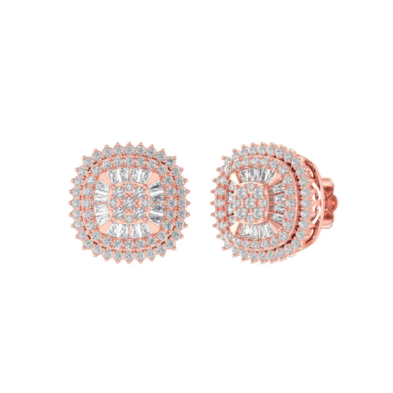 The Radiant Halo Diamond Earrings | Round & Baguette Designer Studs in Italian Silver