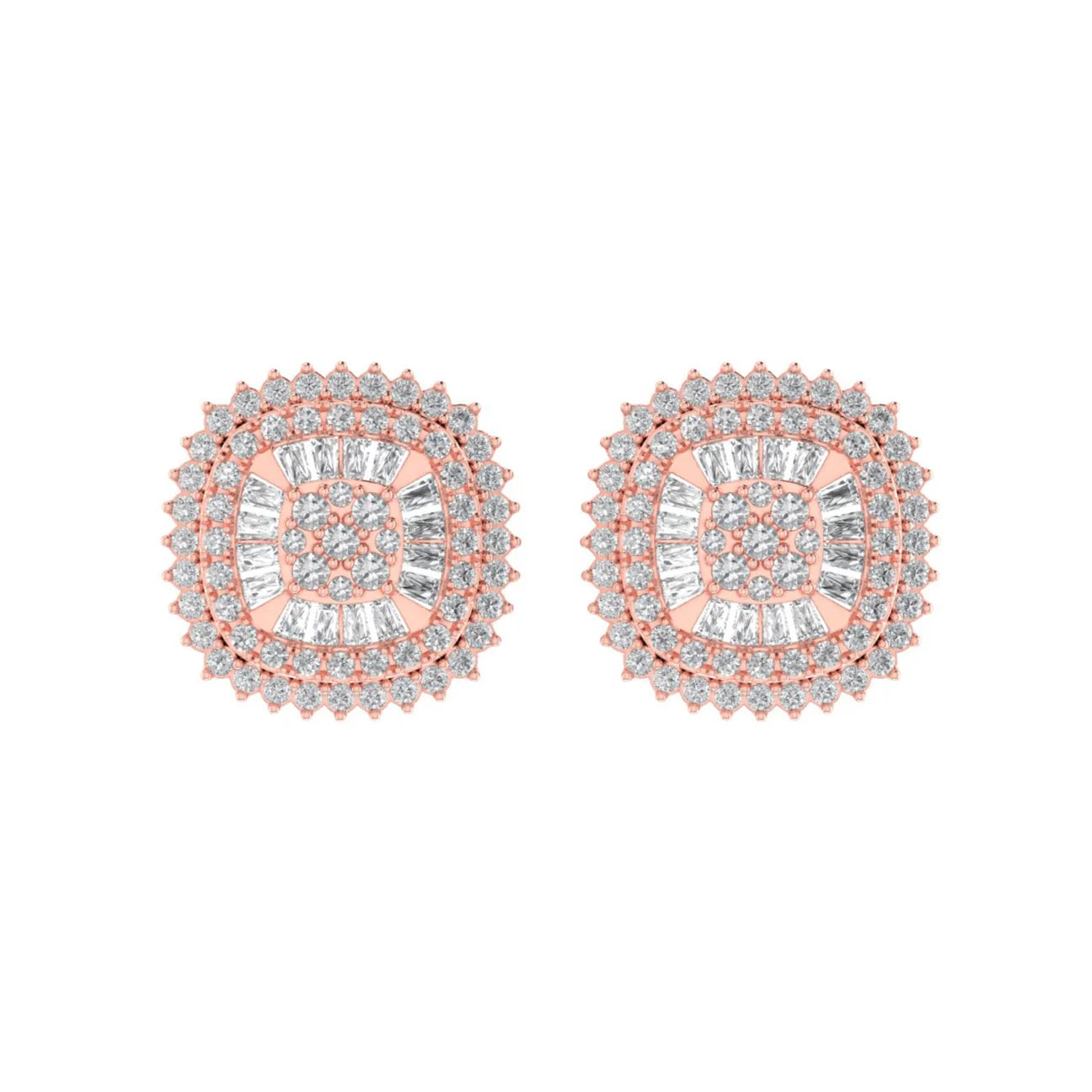 The Radiant Halo Diamond Earrings | Round & Baguette Designer Studs in Italian Silver