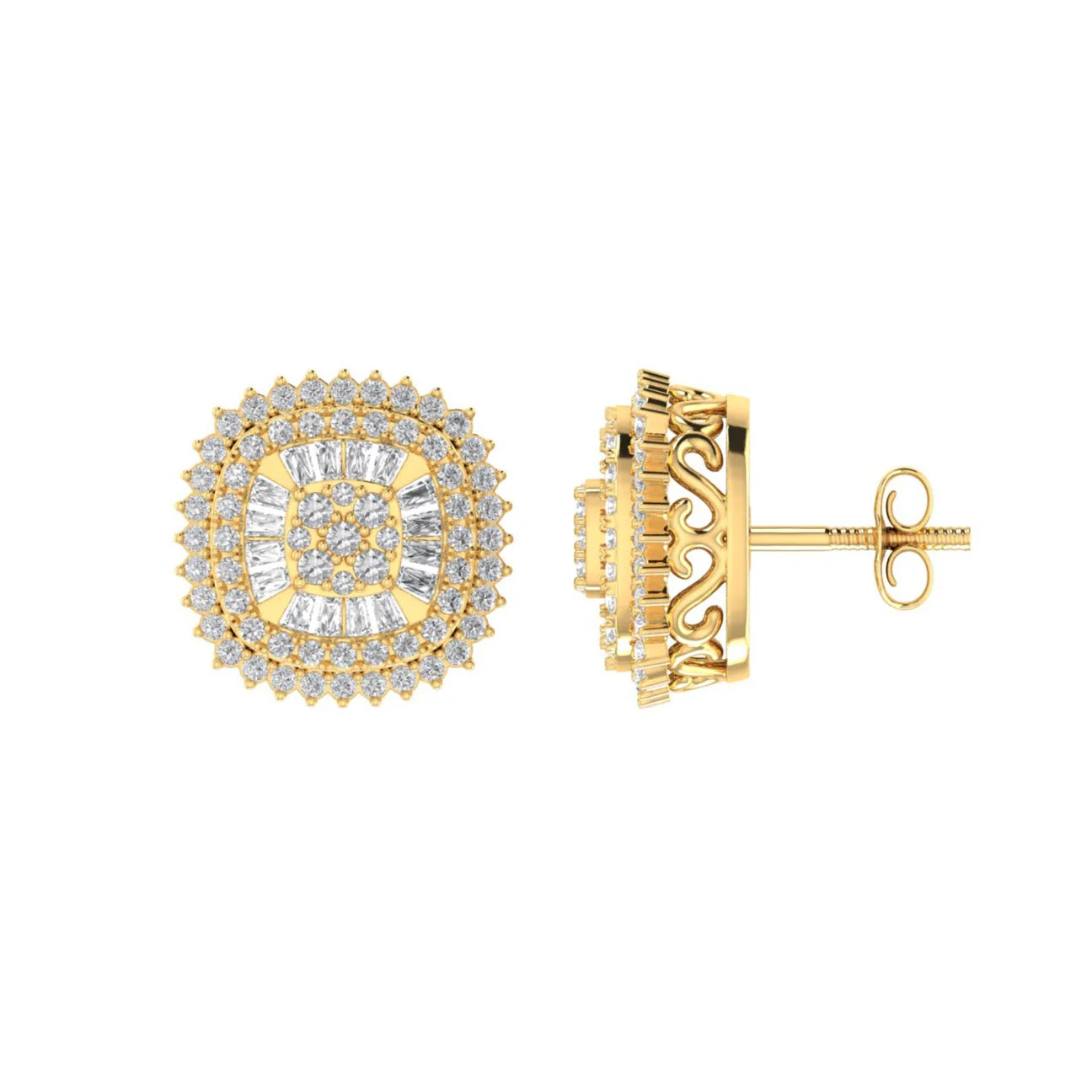 The Radiant Halo Diamond Earrings | Round & Baguette Designer Studs in Italian Silver
