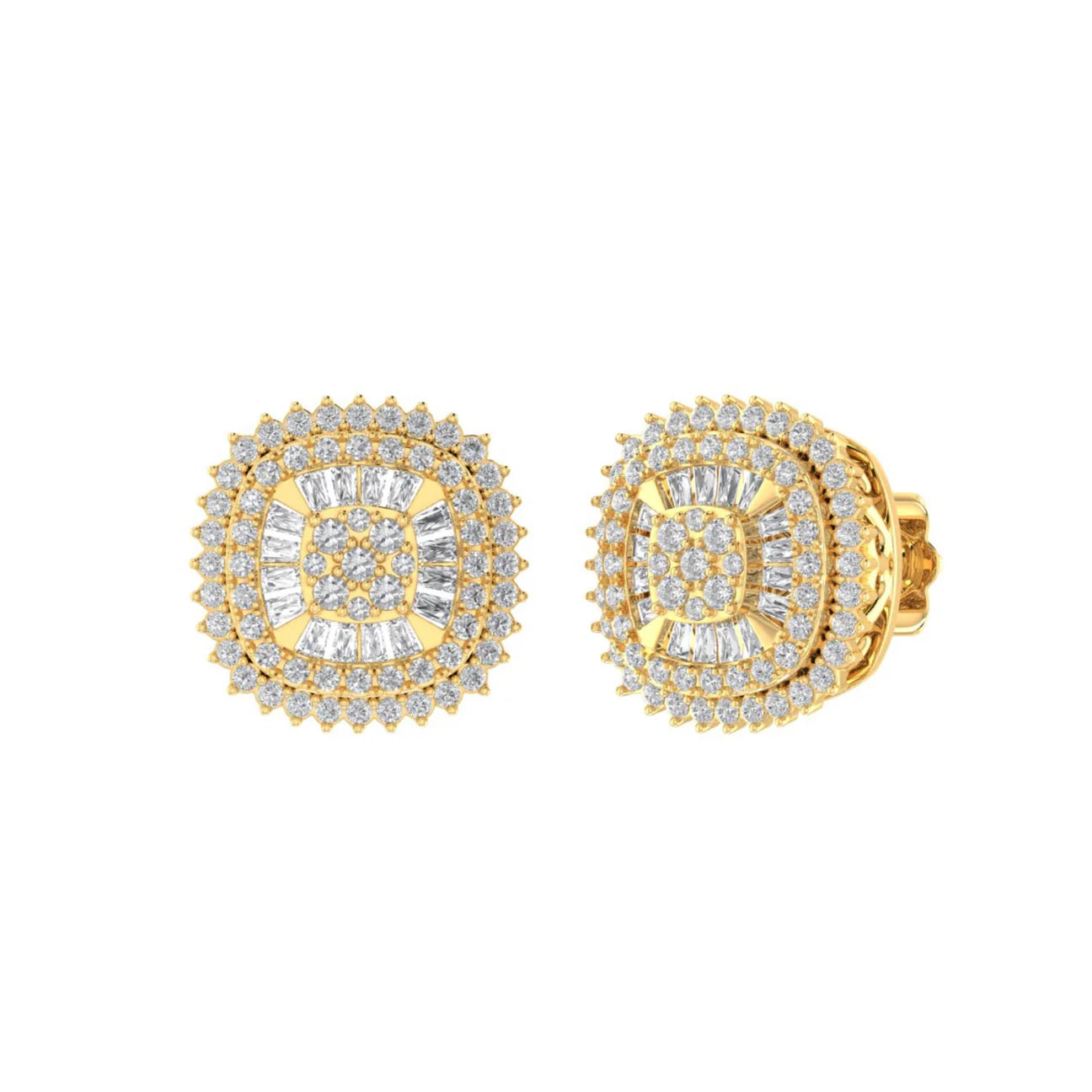 The Radiant Halo Diamond Earrings | Round & Baguette Designer Studs in Italian Silver