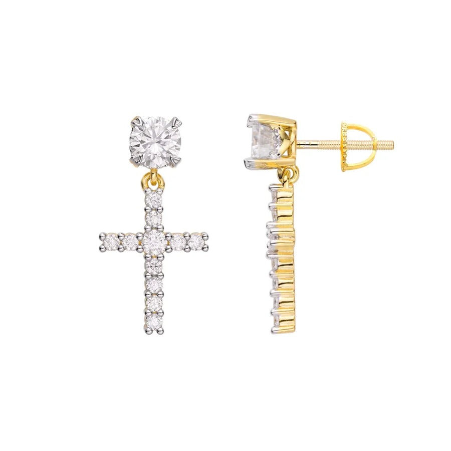 S.Silver Round Moissanite Cross Religious Stud Earrings RP+GP 7/8 Cttw