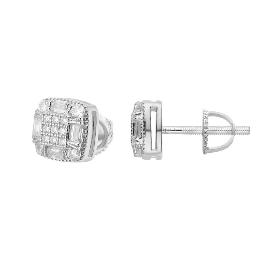 S.Silver Round Baguette Moissanite Square Shape Stud Earrings RP 3/4 Cttw