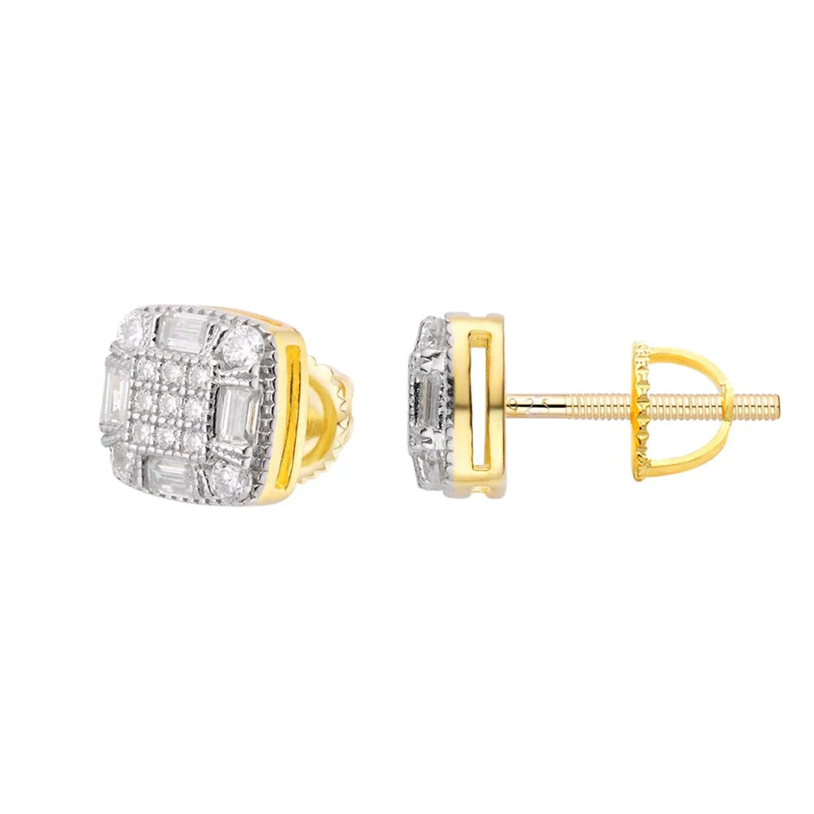 S.Silver Round Baguette Moissanite Square Shape Designer Stud Earrings RP+GP 3/4 Cttw