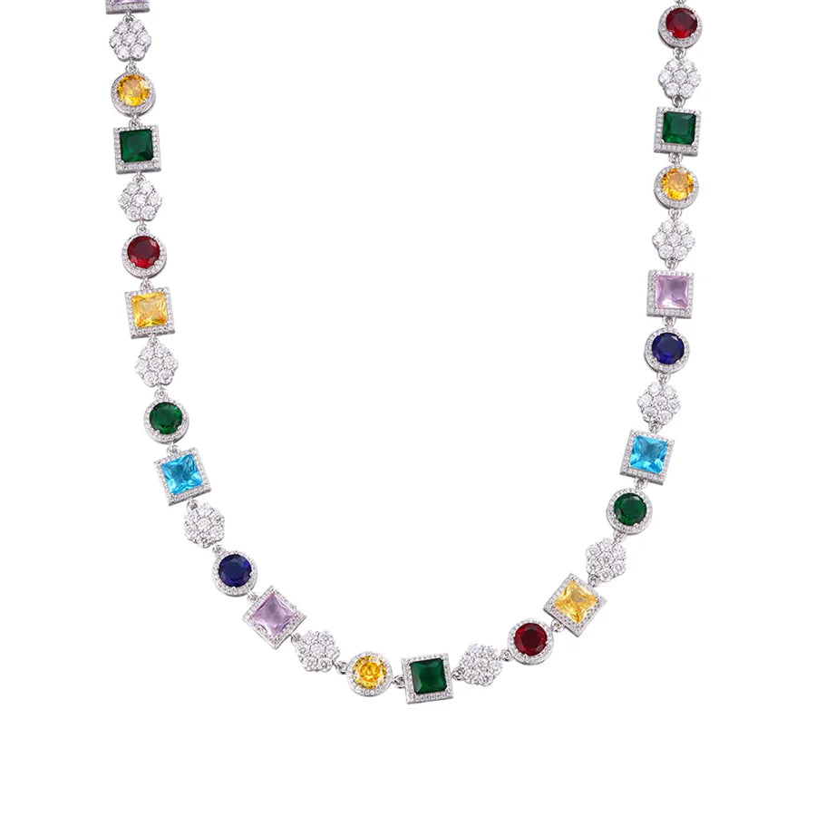 S.Silver Round Moissanite 7 Stone Flower with Color Stone Designer 22 Inch Necklace RP 16-3/8 Cttw