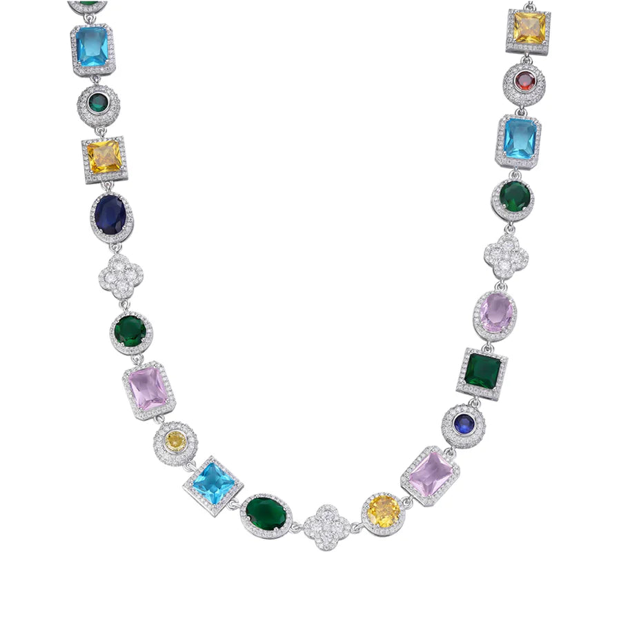 S.Silver Round Moissanite 4 Stone Flower with Color Stone Designer 22 Inch Necklace RP 12-5/8 Cttw
