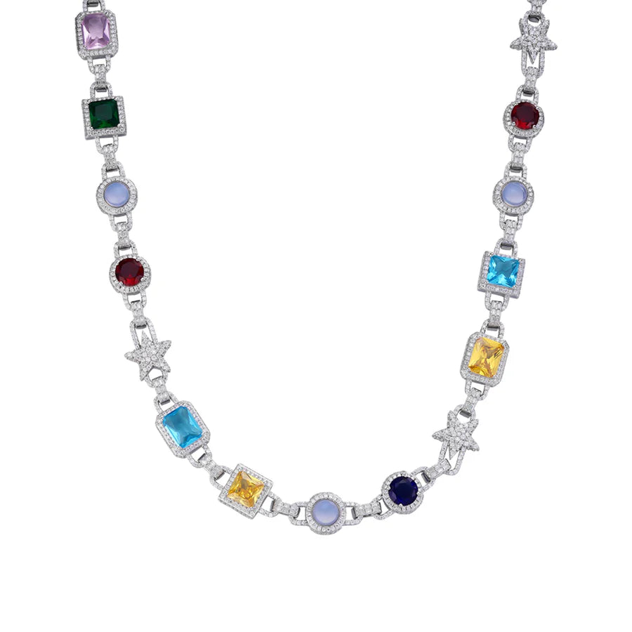 S.Silver Round Moissanite Star with Color Stone Designer 22 Inch Necklace RP 15-1/2 Cttw