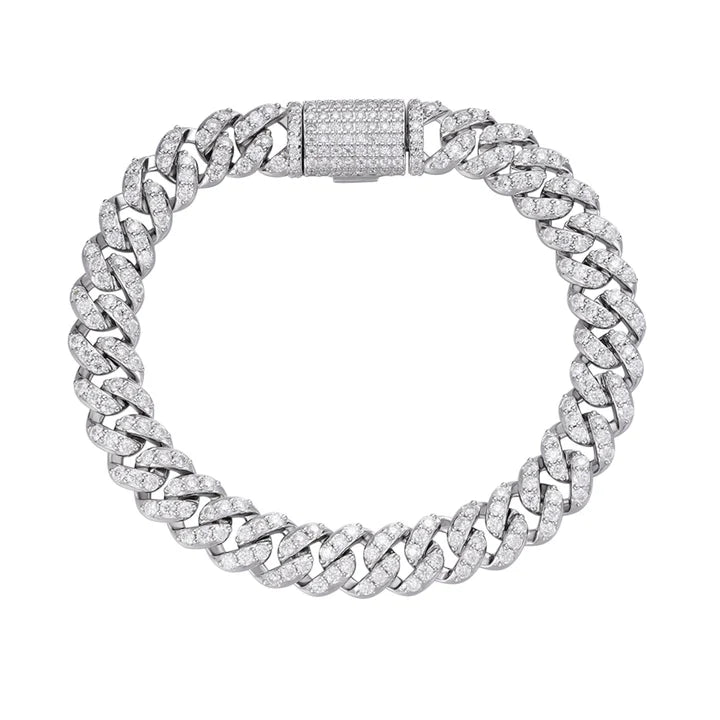 S.Silver 10mm Round Moissanite 1 Row Cuban 8 Inch Bracelet RP 8-1/4 Cttw