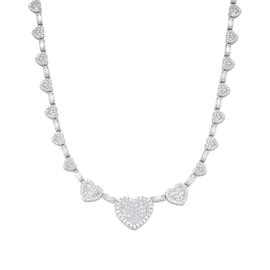 S.Silver Round Baguette Moissanite Heart Designer 18 Inch Necklace RP 14-5/8 Cttw