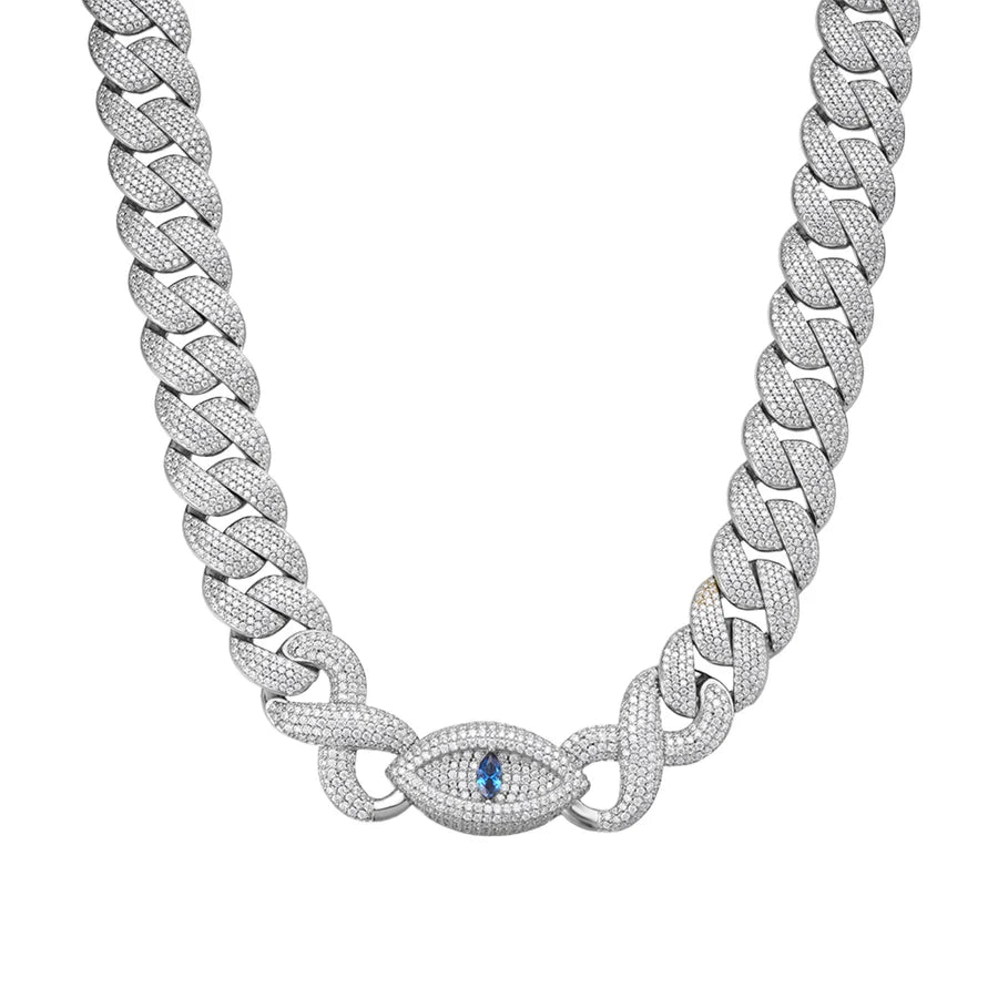 S.Silver Round Moissanite 15mm Inifinity Cuban With Evil Eye Designer 22 Inch Mens Necklace RP 27-1/8 Cttw