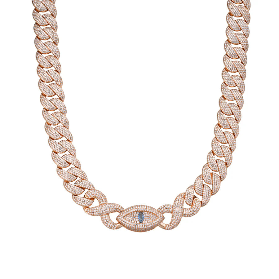 S.Silver Round Moissanite 15mm Inifinity Cuban With Evil Eye Designer 22 Inch Mens Necklace PP 27-1/8 Cttw