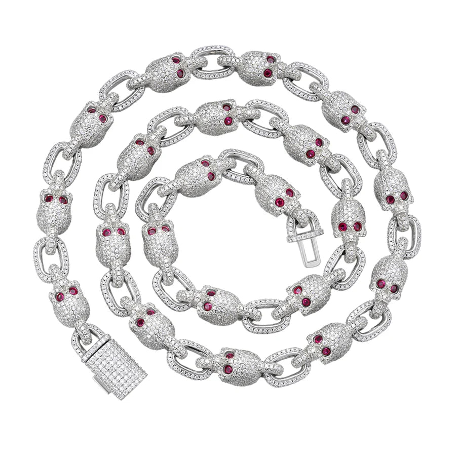 S.Silver Round Moissanite With Red Eyes Skull 22 Inch Necklace RP 30-3/4 Cttw
