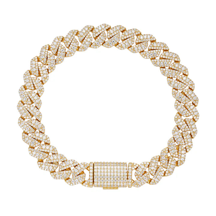 S.Silver Round Big Stone in Center Surrounded with Small Stones 10mm Moissanite Cuban Chain 8Inch Bracelet GP 6-7/8 Cttw