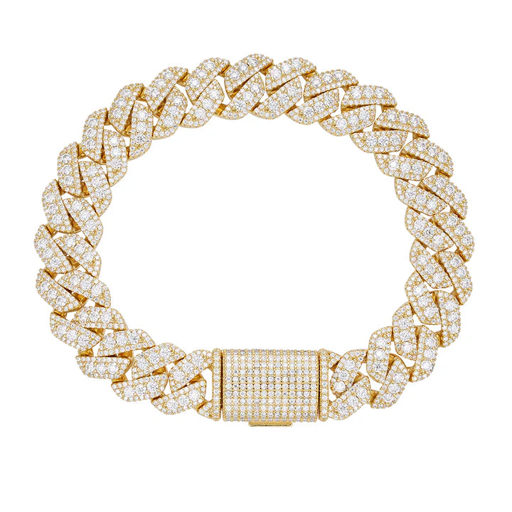 S.Silver Round Big Stone in Center Surrounded with Small Stones 12mm Moissanite Cuban Chain 8Inch Bracelet GP 10-7/8 Cttw