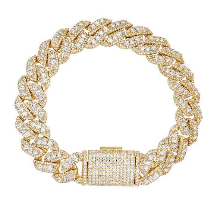 S.Silver Round Big Stone in Center Surrounded with Small Stones 14mm Moissanite Cuban Chain 8 Inch Bracelet GP 12-3/4 Cttw