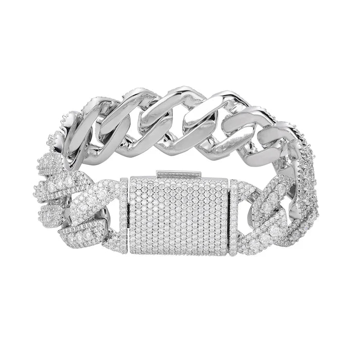 S.Silver Round Big Stone in Center Surrounded with Small Stones 20mm Moissanite Cuban Chain 8 Inch Bracelet RP 19-7/8 Cttw