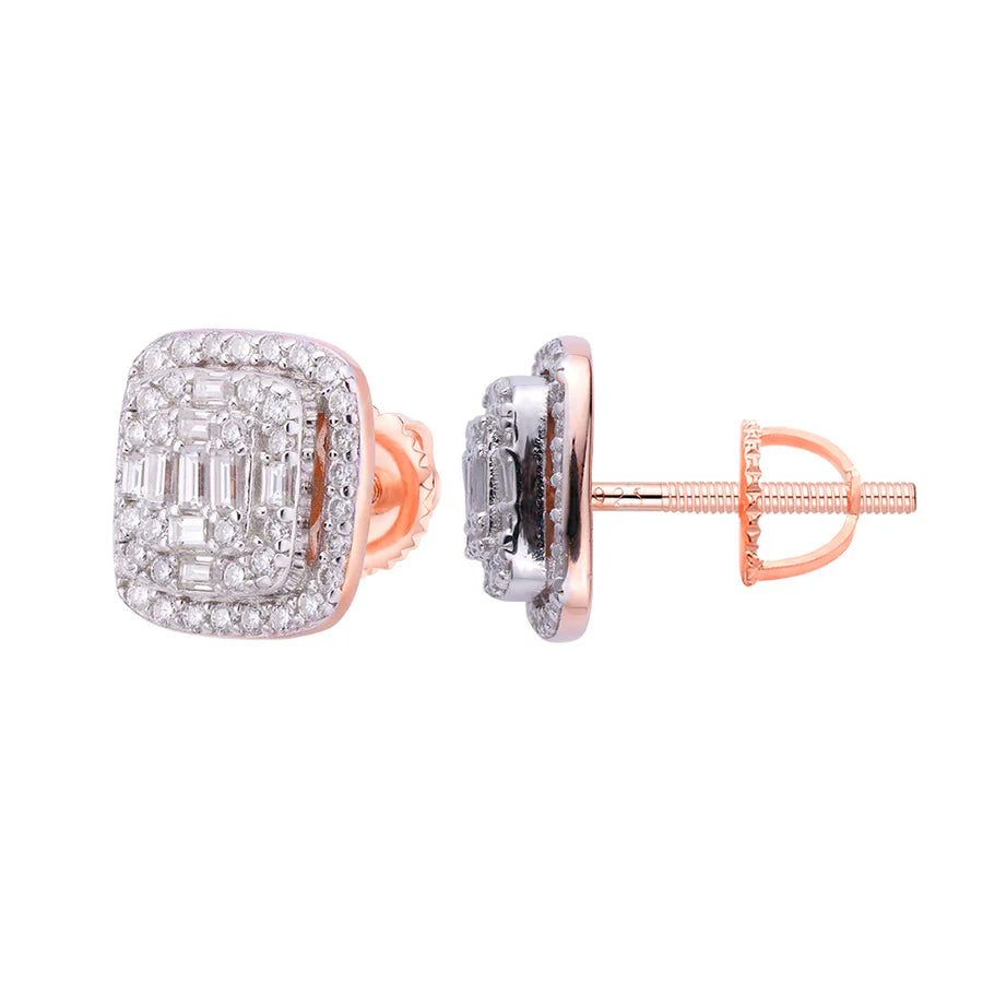 S.Silver Round Baguette Moissanite Halo Square Shape Designer Stud Earrings RP+PP 3/4 Cttw