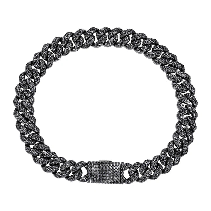 S.Silver 8mm Round Black Moissanite Miami Cuban 8 Inch Mens Bracelet BP+BP 5 Cttw