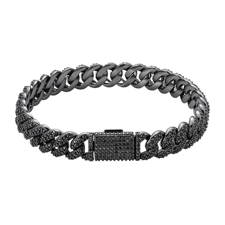 S.Silver 10mm Round Black Moissanite Miami Cuban 8 Inch Mens Bracelet BP+BP 5-1/10 Cttw