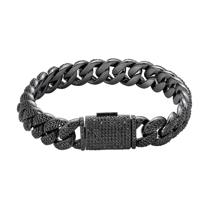 S.Silver 12mm Round Black Moissanite Miami Cuban 8 Inch Mens Bracelet BP+BP 7-3/4 Cttw