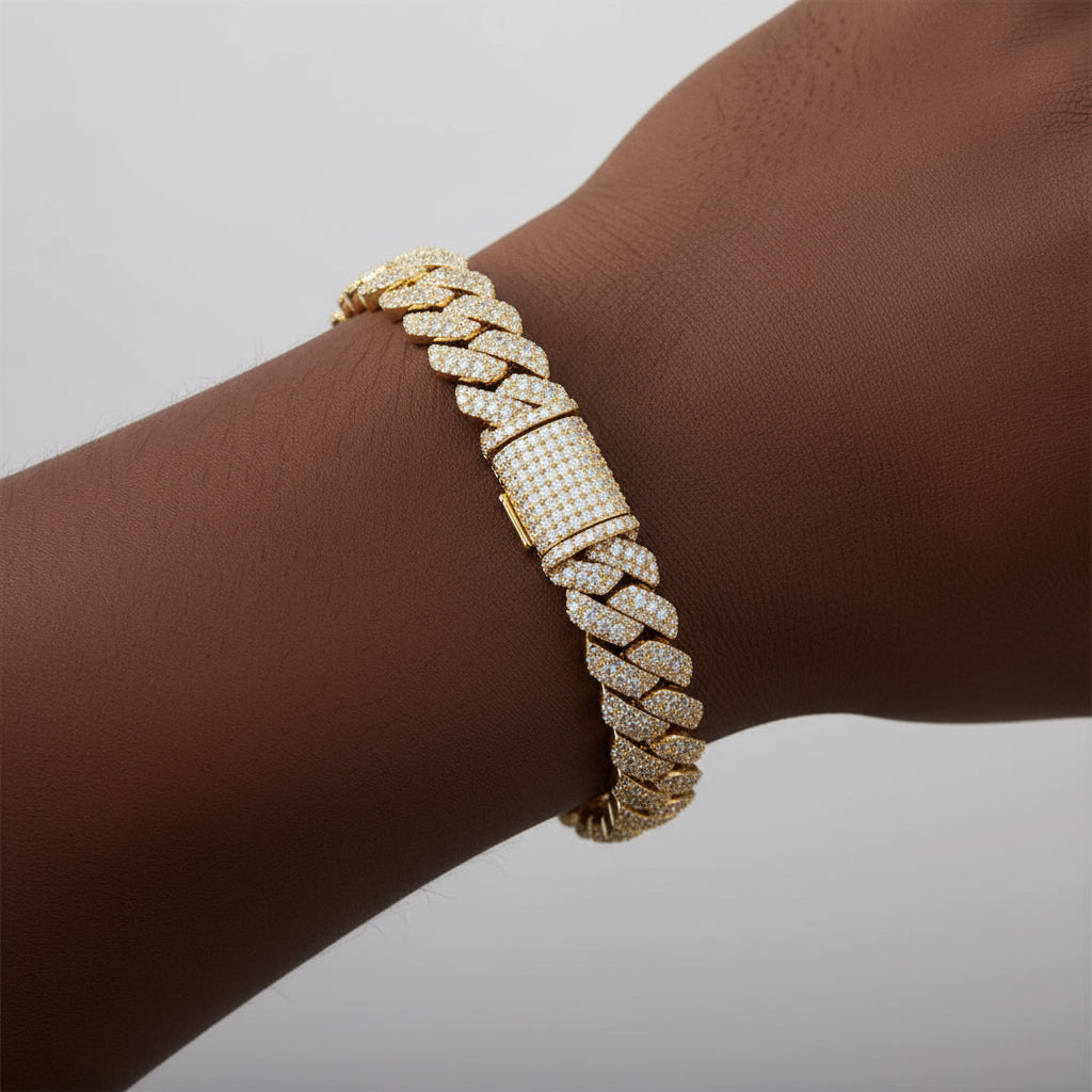 Emperor Moissanite Cuban Bracelet | 18K Gold Layer Italian Silver | 10-12MM