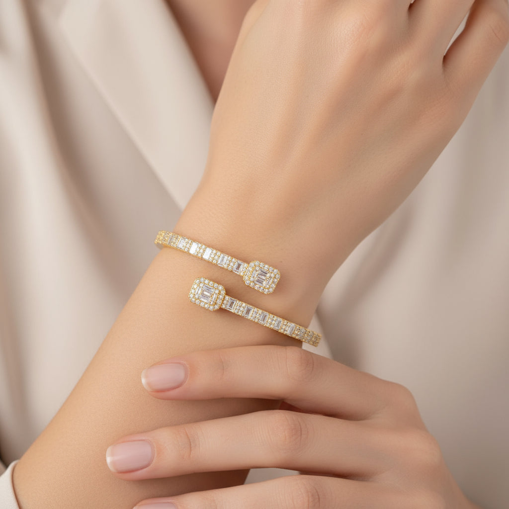 The Amara Bracelet | Gold Moissanite Baguette Open Cuff