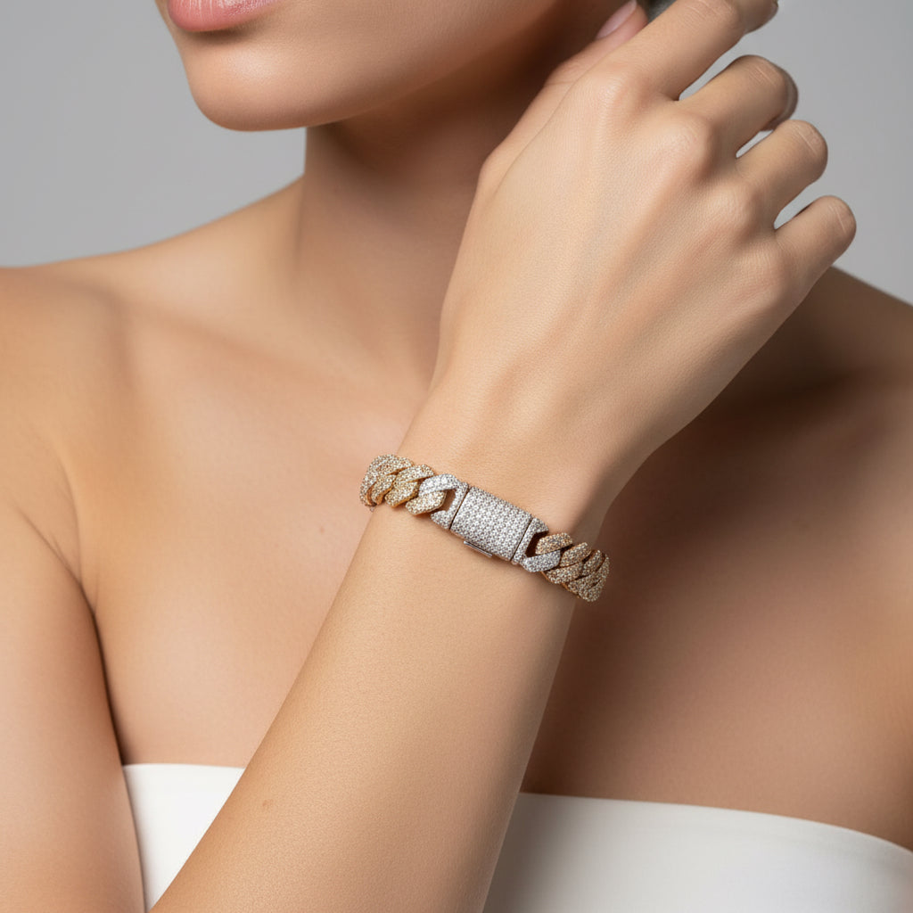 Tri-Luxe Moissanite Cuban Link Bracelet | Luxury Tri-Tone Gold, Rose Gold & Silver Chain