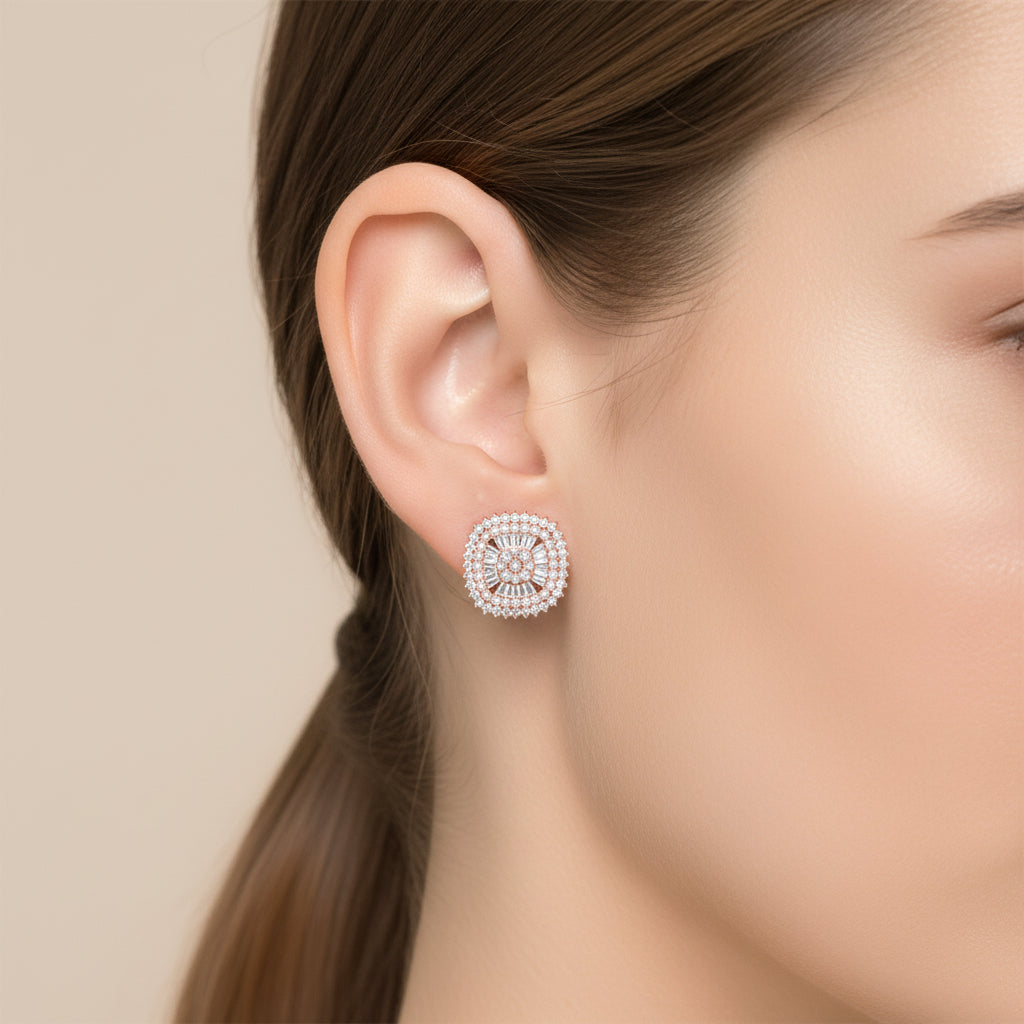 The Radiant Halo Diamond Earrings | Round & Baguette Designer Studs in Italian Silver