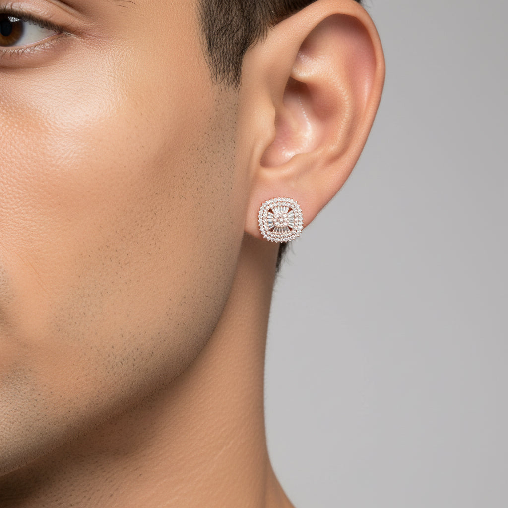 The Radiant Halo Diamond Earrings | Round & Baguette Designer Studs in Italian Silver