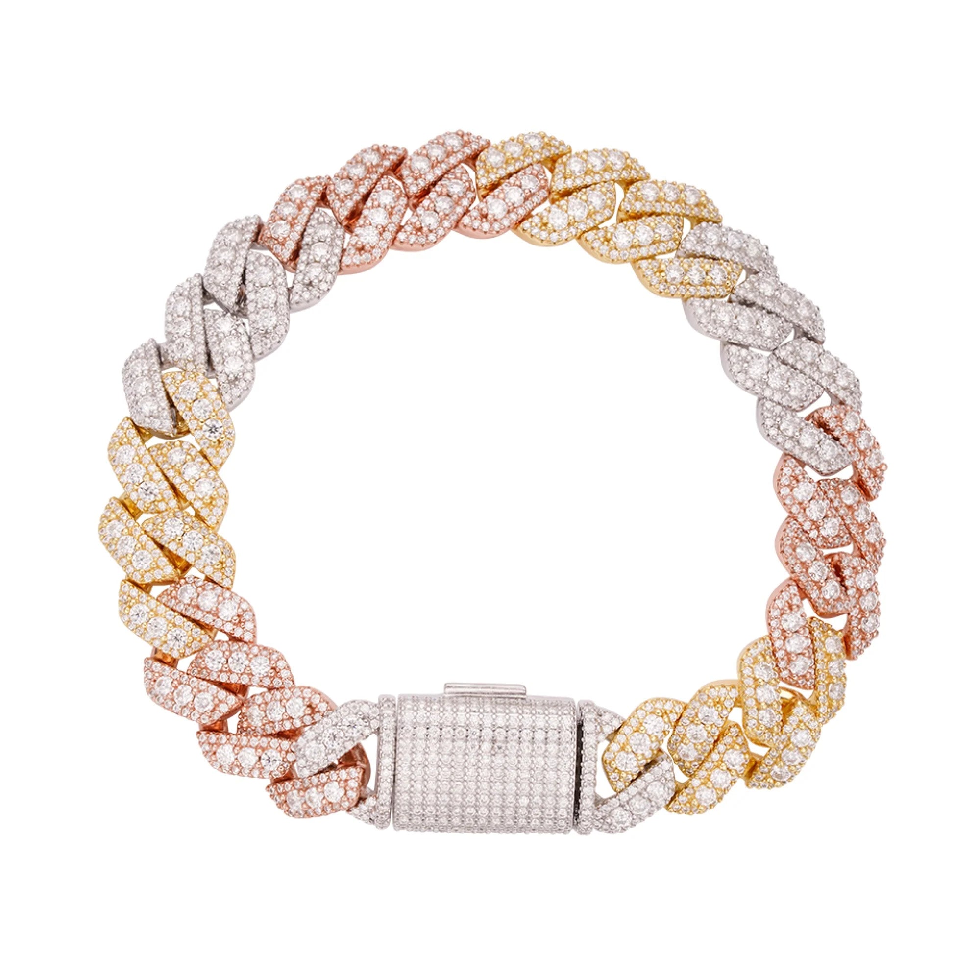 Tri-Luxe Moissanite Cuban Link Bracelet | Luxury Tri-Tone Gold, Rose Gold & Silver Chain