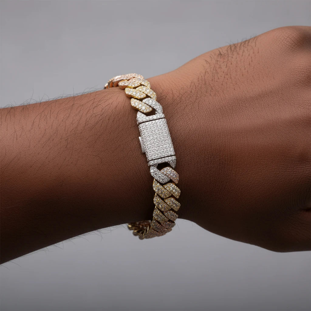 Tri-Luxe Moissanite Cuban Link Bracelet | Luxury Tri-Tone Gold, Rose Gold & Silver Chain