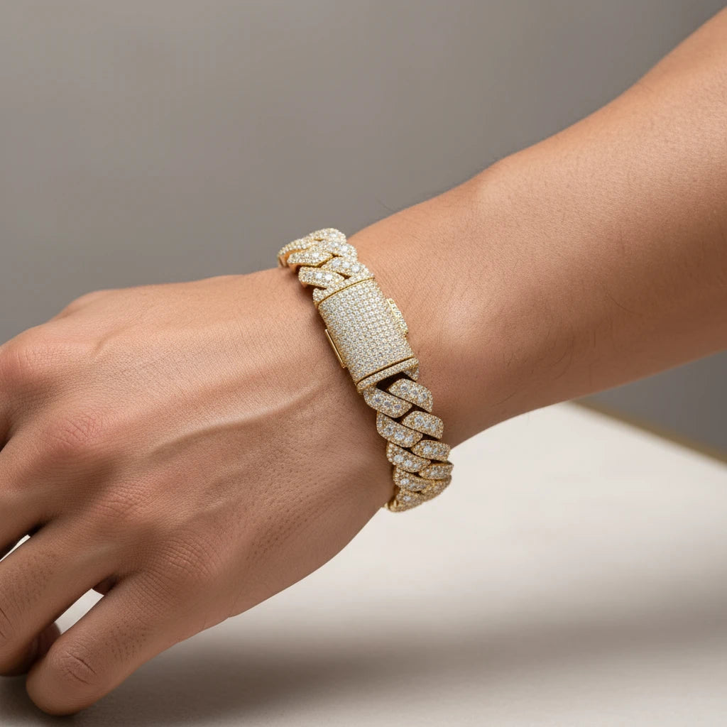 Emperor Moissanite Cuban Bracelet | 18K Gold Layer Italian Silver | 10-12MM