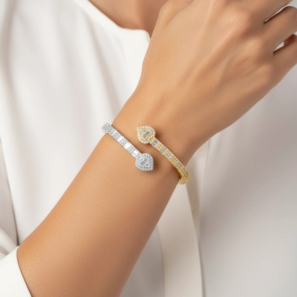 The Radiant Moissanite Heart Bangle | Two-Tone Gold & Silver | VVS Moissanite