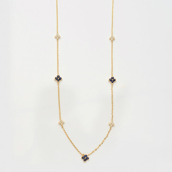 14KY 0.15CTW DIAMOND & SAPPHIRE FLOWER NECKLACE
