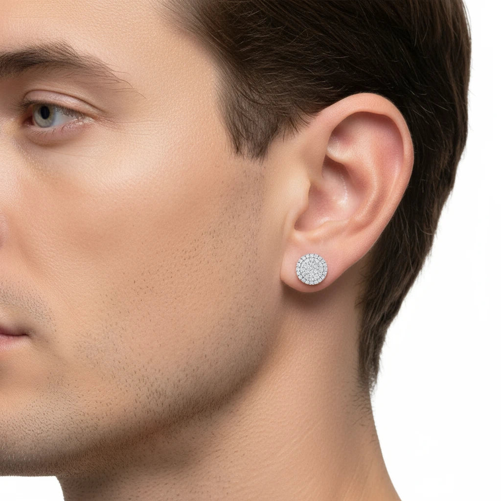 Eterna Round Earrings | Round Natural Diamond Halo Studs | Italian Silver