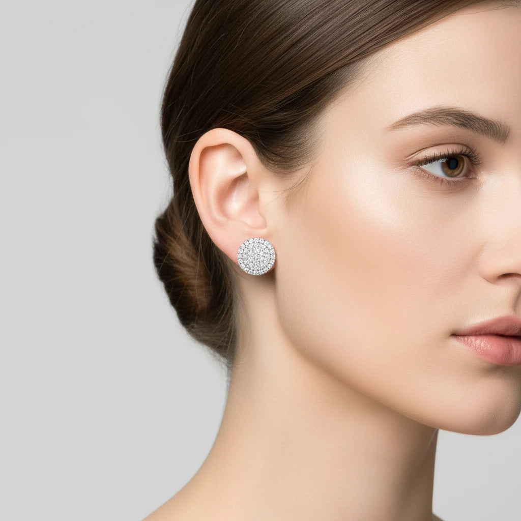 Eterna Round Earrings | Round Natural Diamond Halo Studs | Italian Silver