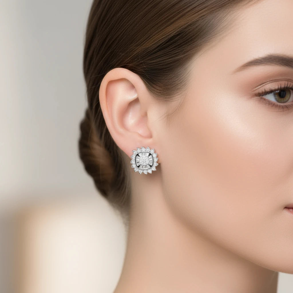 The Lunara Earrings | Baguette & Round Diamond Studs | Italian Silver