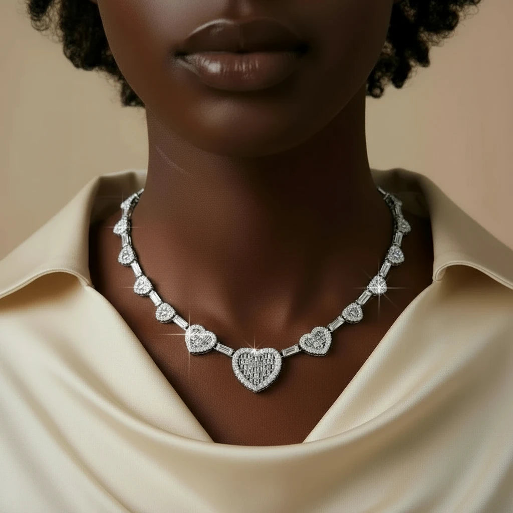 Valentina Link |  Italian Silver | VVS Baguette & Round Moissanite Heart  Chain